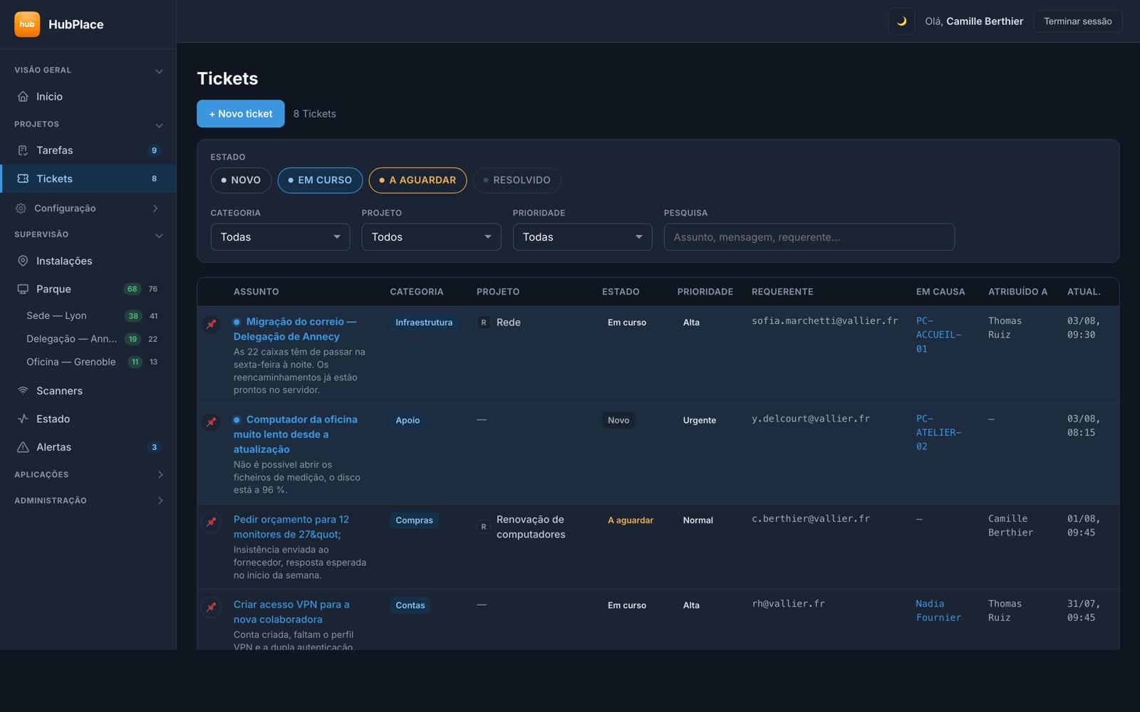 Lista de pedidos no HubPlace, cada um com a pessoa em causa e o computador envolvido.